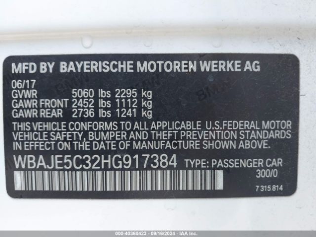 Photo 8 VIN: WBAJE5C32HG917384 - BMW 540I 