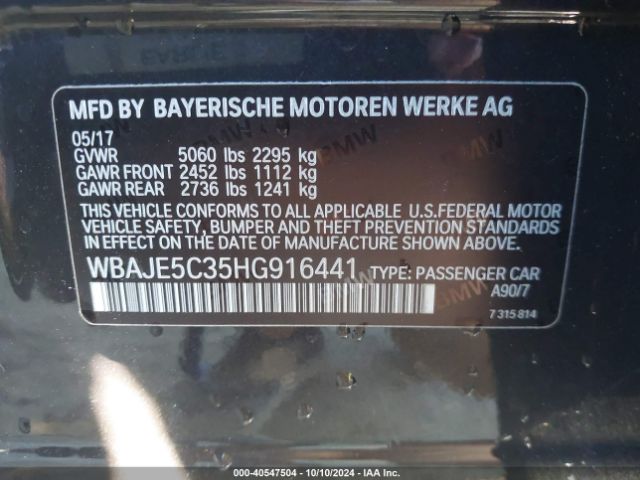 Photo 8 VIN: WBAJE5C35HG916441 - BMW 540I 