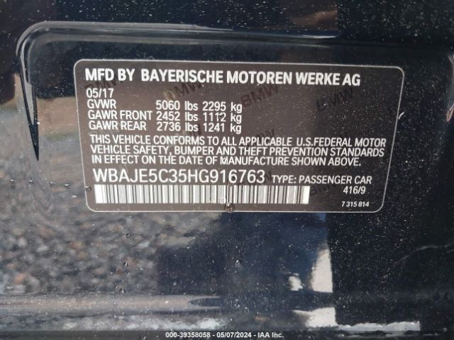 Photo 8 VIN: WBAJE5C35HG916763 - BMW 540I 