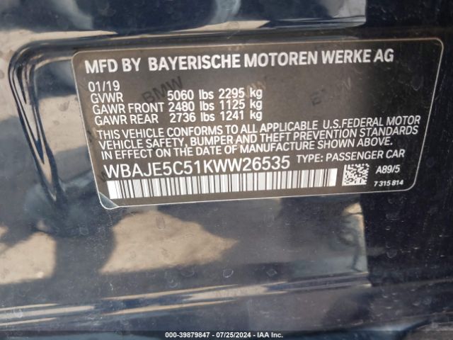 Photo 8 VIN: WBAJE5C51KWW26535 - BMW 540I 