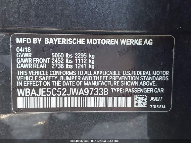 Photo 8 VIN: WBAJE5C52JWA97338 - BMW 540I 