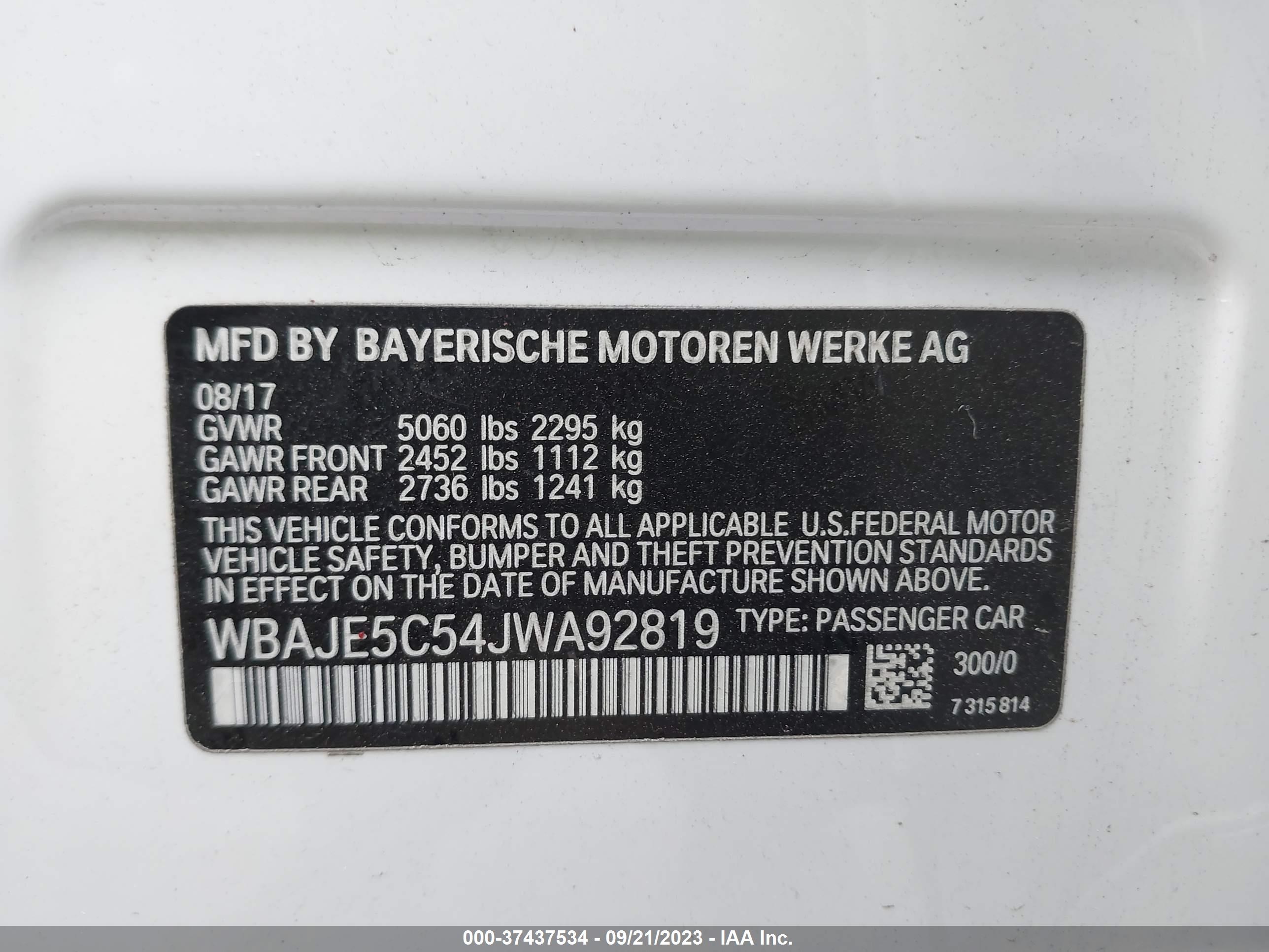 Photo 8 VIN: WBAJE5C54JWA92819 - BMW 5ER 