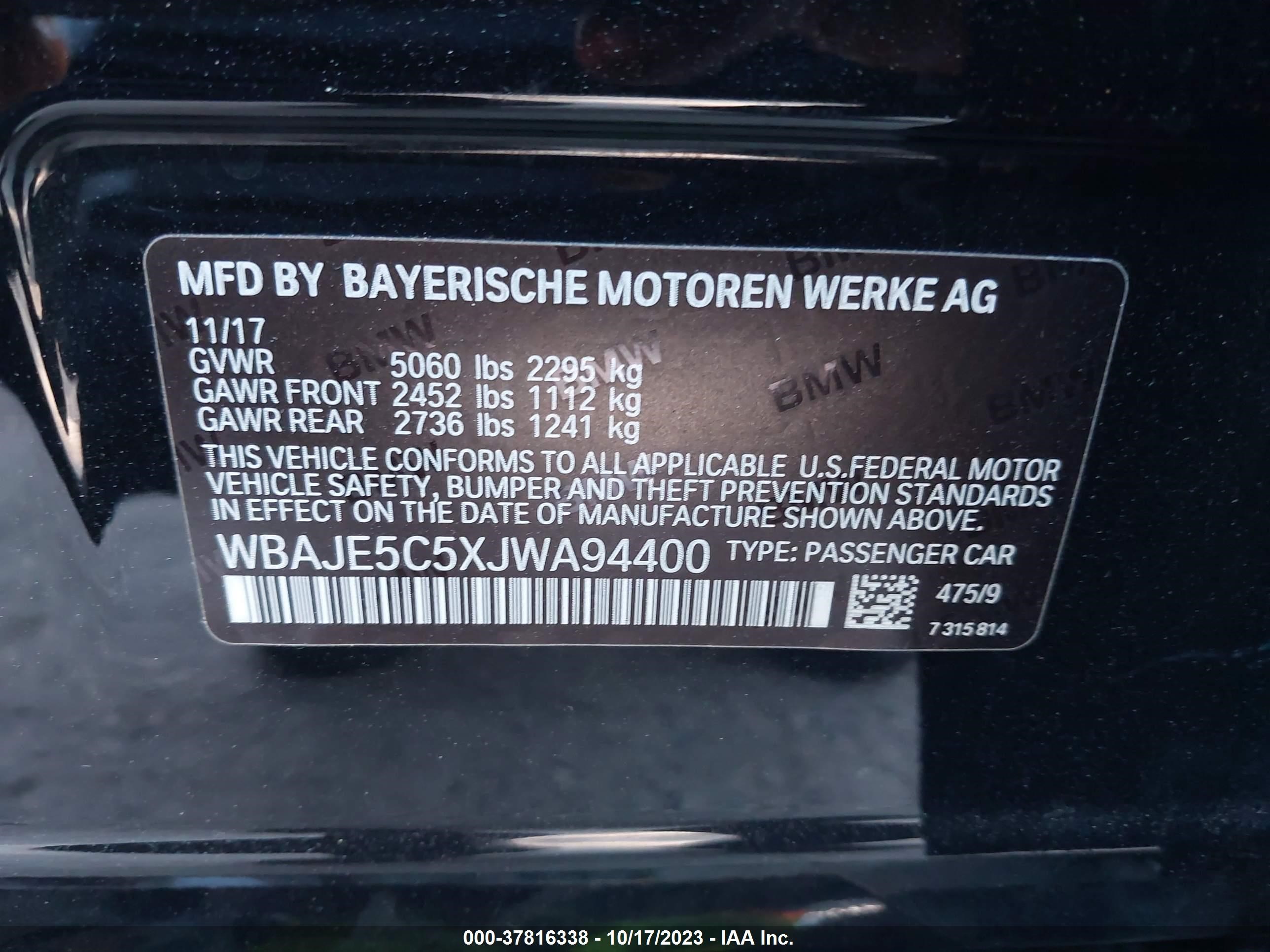 Photo 8 VIN: WBAJE5C5XJWA94400 - BMW 5ER 