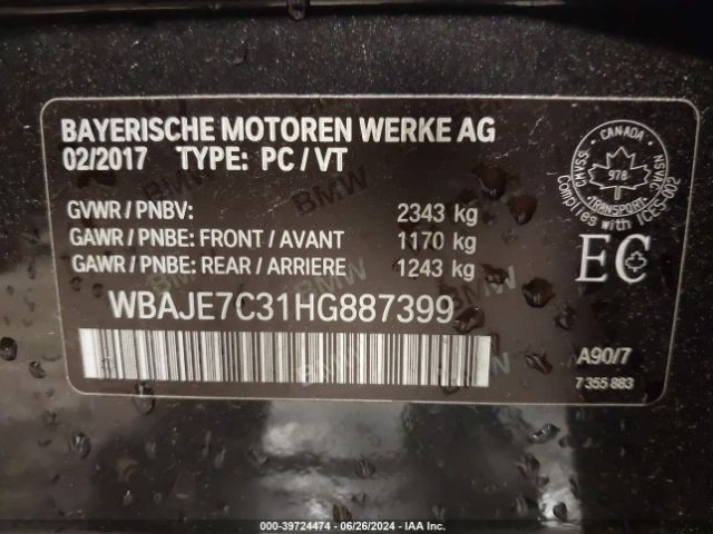 Photo 8 VIN: WBAJE7C31HG887399 - BMW 540I 