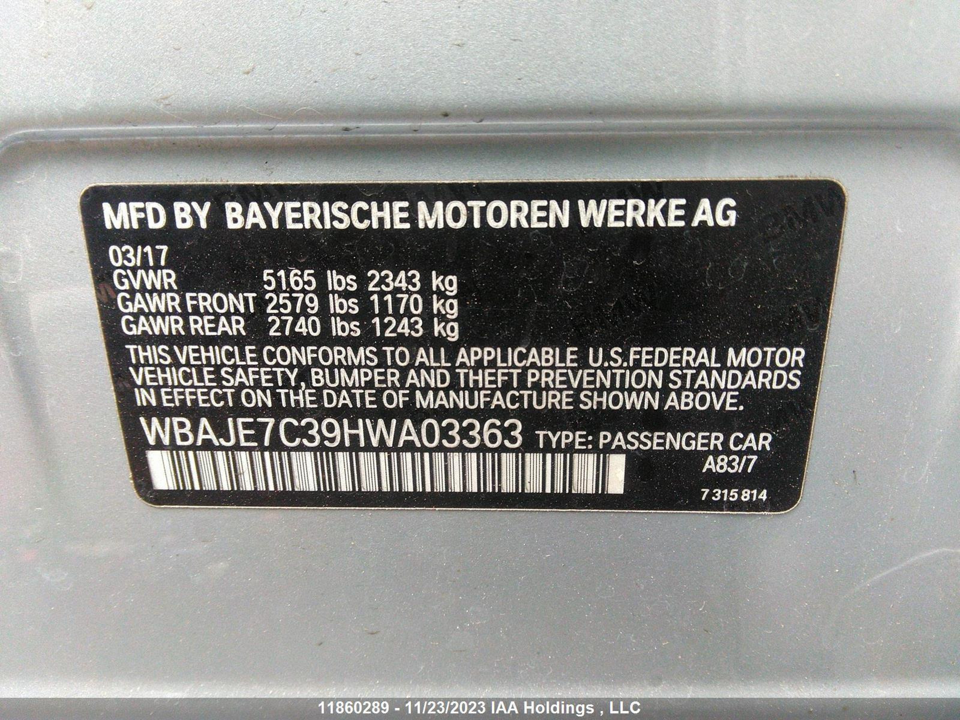 Photo 9 VIN: WBAJE7C39HWA03363 - BMW 5ER 