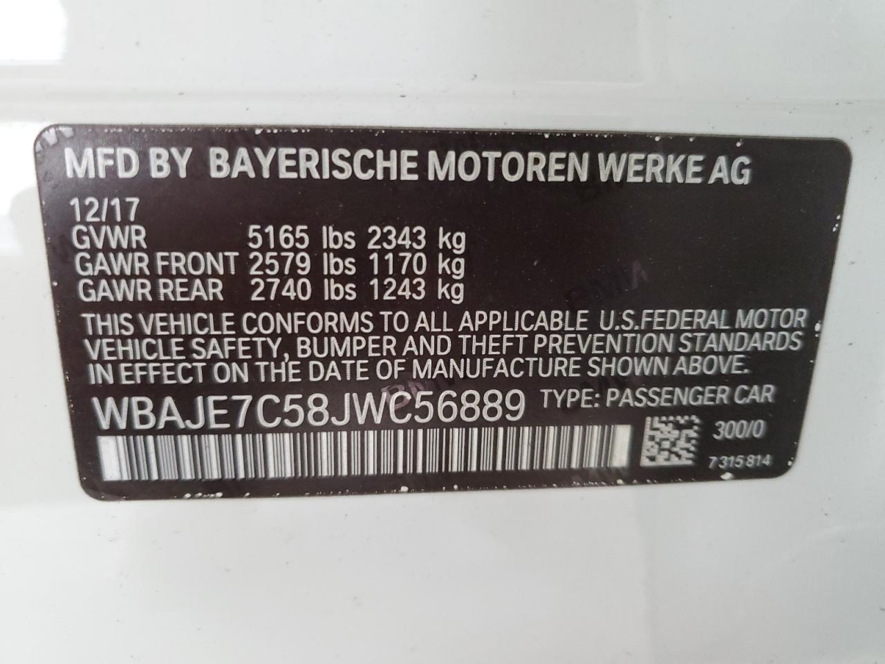 Photo 11 VIN: WBAJE7C58JWC56889 - BMW 540I 