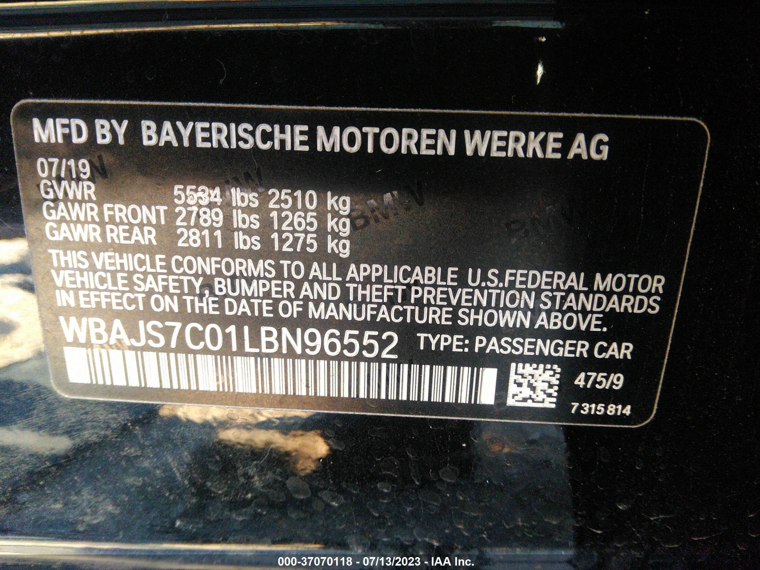 Photo 8 VIN: WBAJS7C01LBN96552 - BMW 5ER 