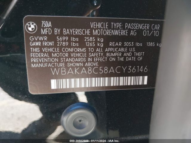 Photo 8 VIN: WBAKA8C58ACY36146 - BMW 750I 