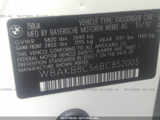 Photo 8 VIN: WBAKB8C56BC852005 - BMW 7 SERIES 