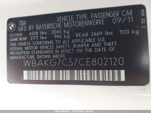 Photo 8 VIN: WBAKG7C57CE802120 - BMW 335I 