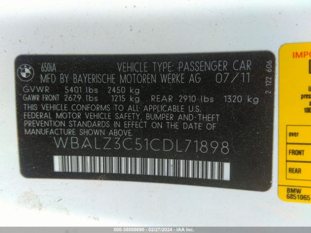 Photo 8 VIN: WBALZ3C51CDL71898 - BMW 650I 