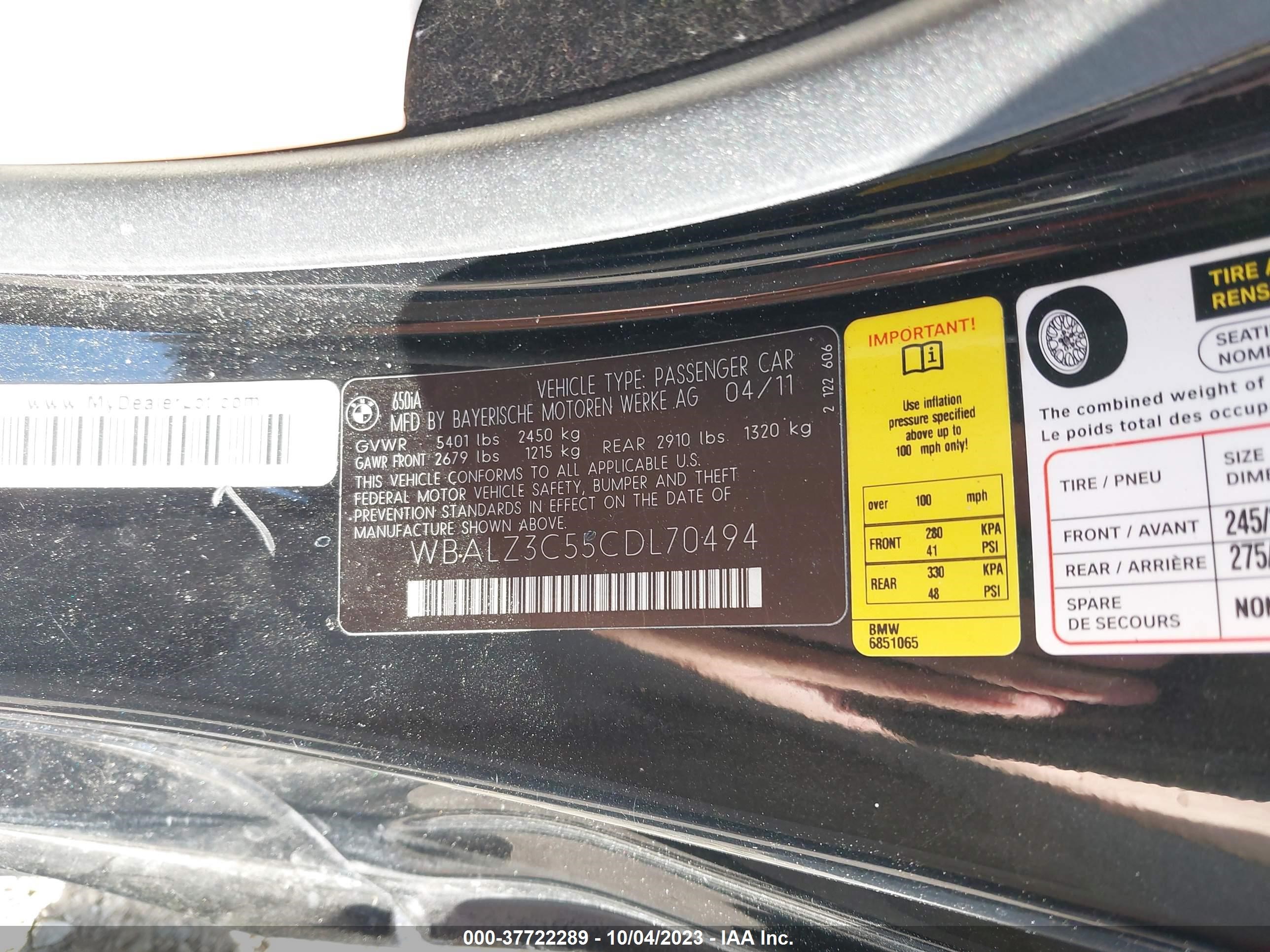 Photo 8 VIN: WBALZ3C55CDL70494 - BMW 6ER 