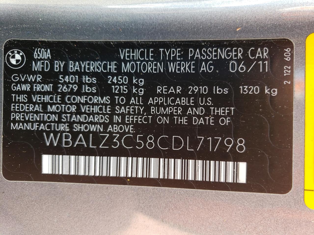 Photo 11 VIN: WBALZ3C58CDL71798 - BMW 6ER 