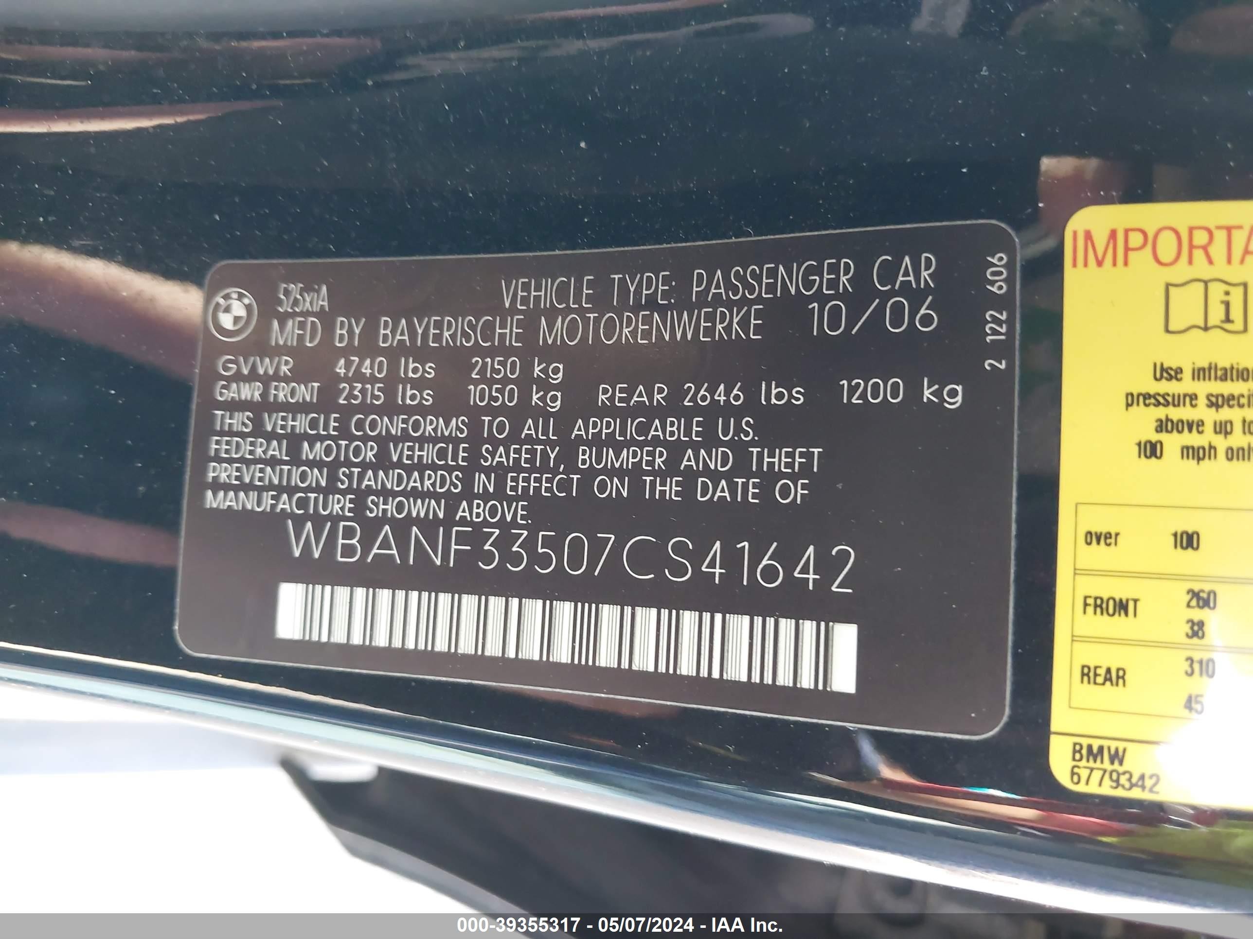 Photo 8 VIN: WBANF33507CS41642 - BMW 5ER 