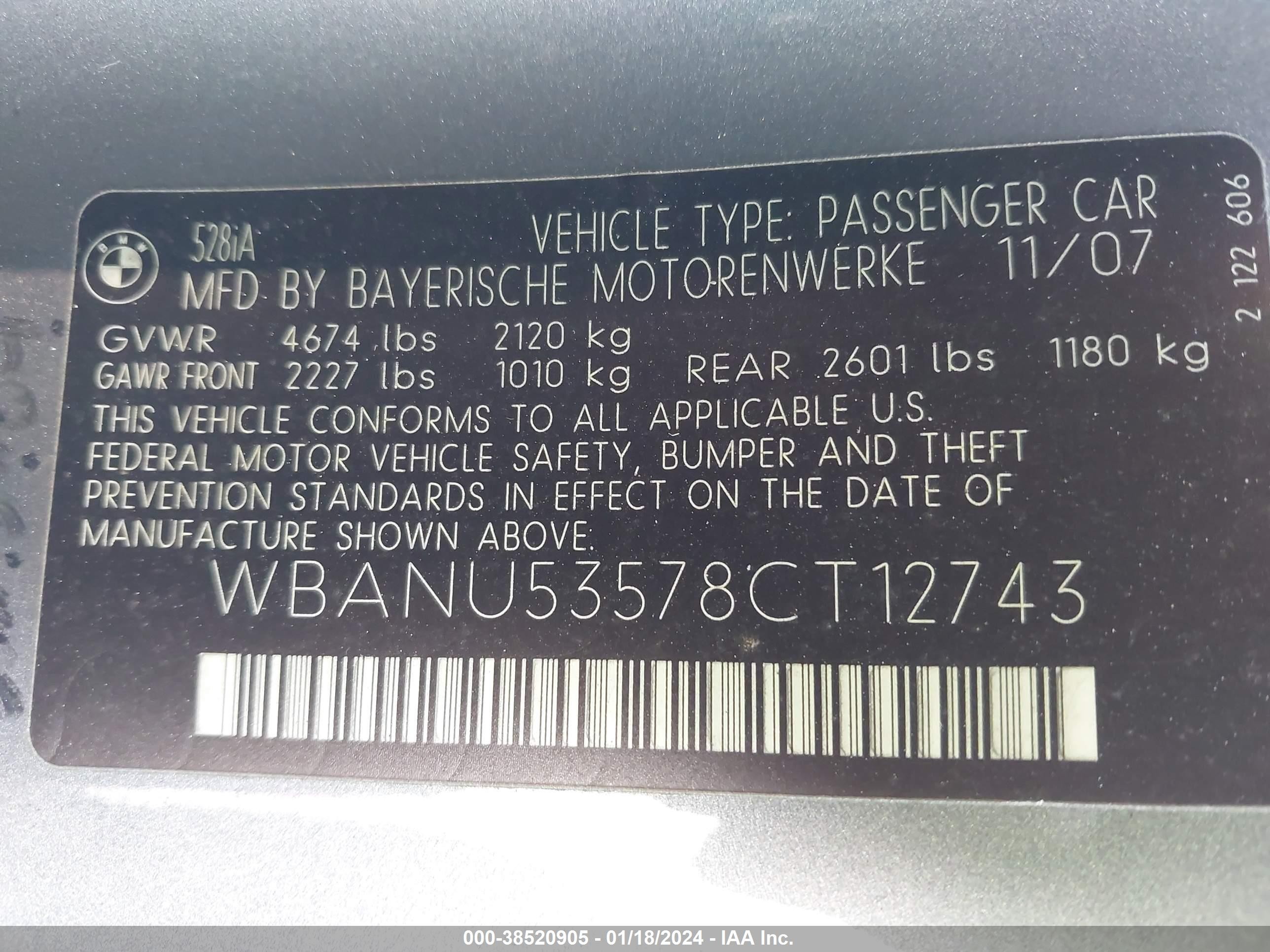 Photo 8 VIN: WBANU53578CT12743 - BMW 5ER 