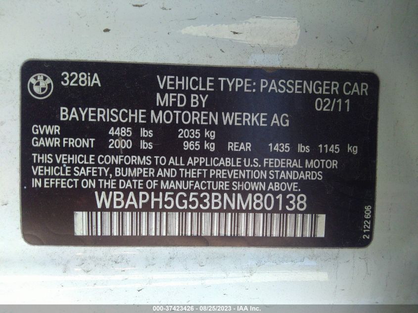 Photo 8 VIN: WBAPH5G53BNM80138 - BMW 3ER 