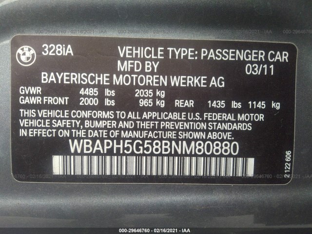 Photo 8 VIN: WBAPH5G58BNM80880 - BMW 3 