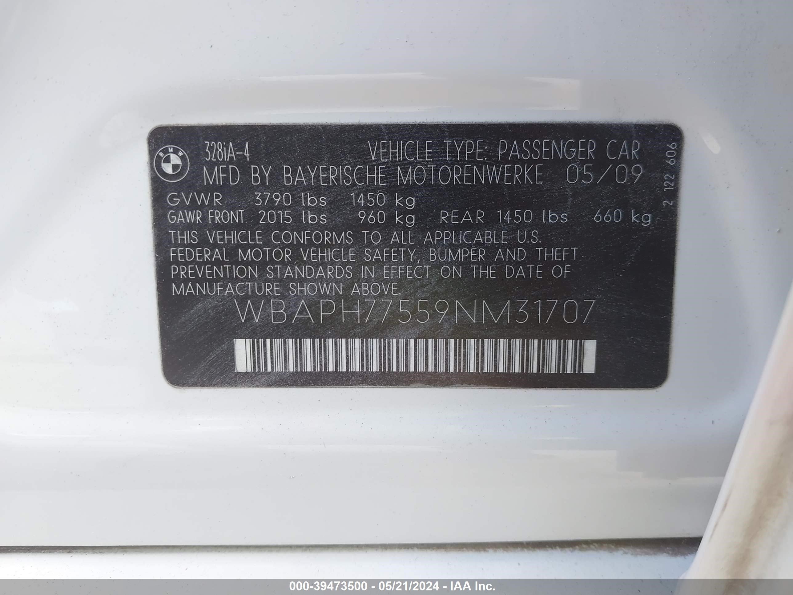 Photo 8 VIN: WBAPH77559NM31707 - BMW 3ER 