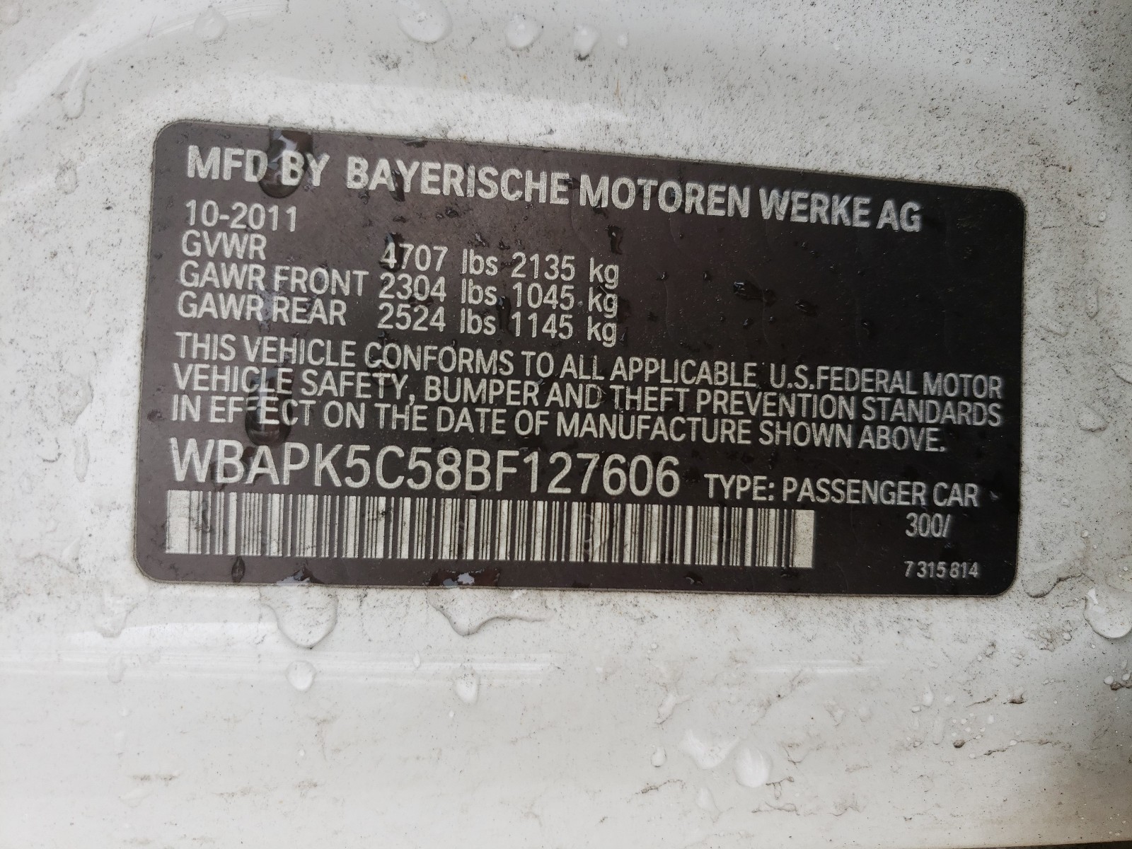 Photo 9 VIN: WBAPK5C58BF127606 - BMW 328 XI SUL 