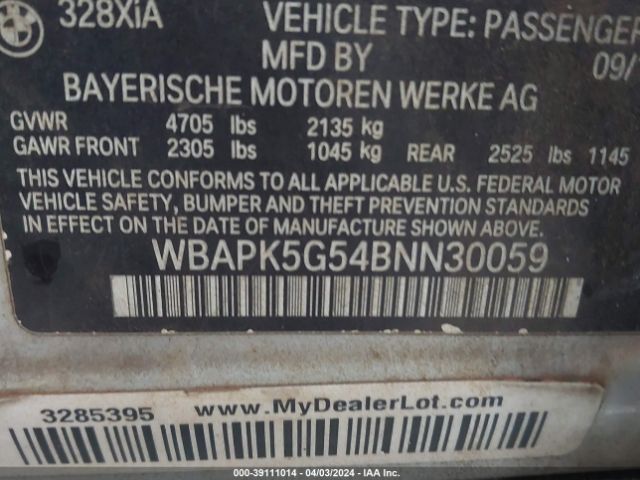 Photo 8 VIN: WBAPK5G54BNN30059 - BMW 328I 