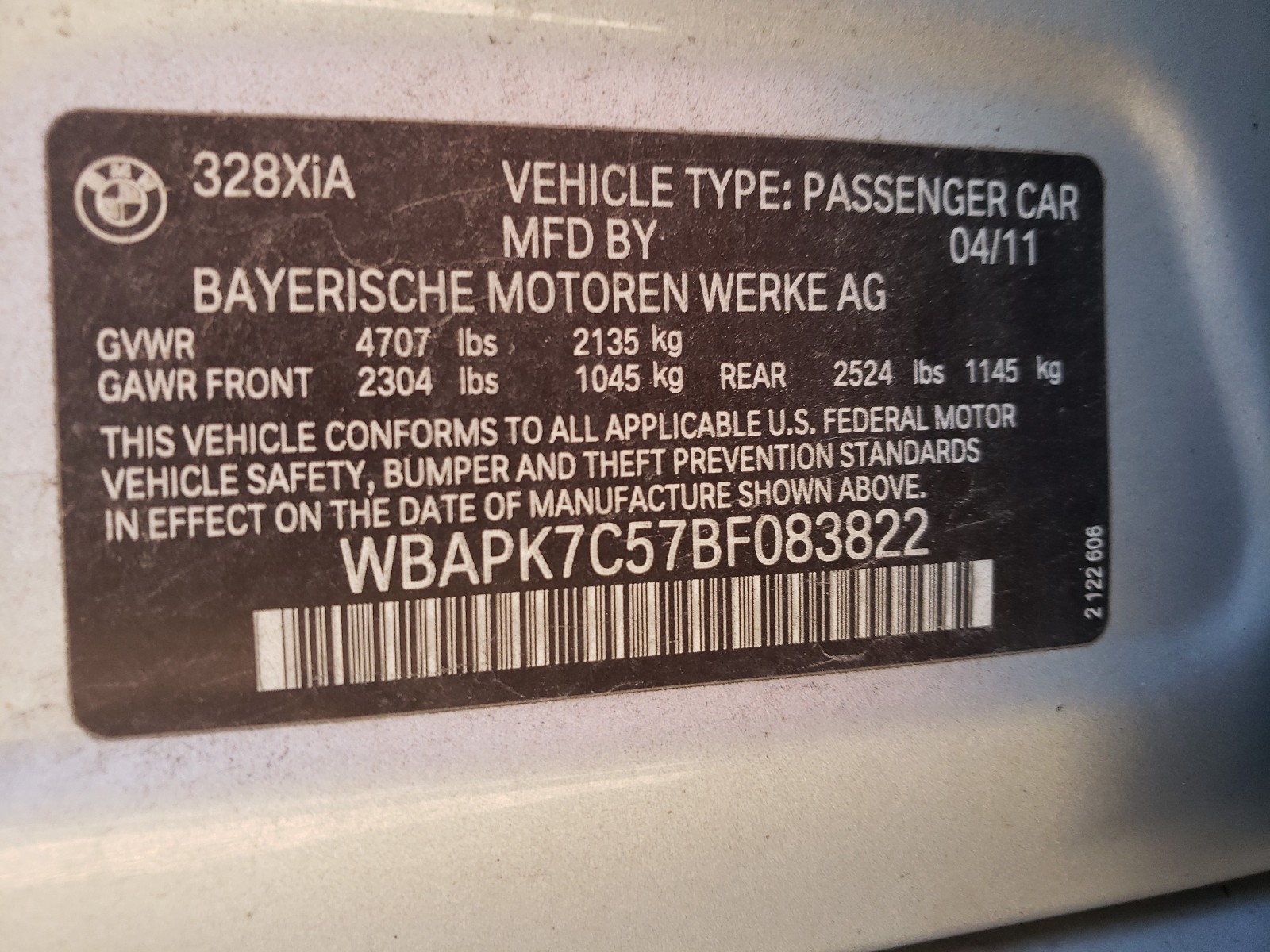 Photo 9 VIN: WBAPK7C57BF083822 - BMW 328 XI 