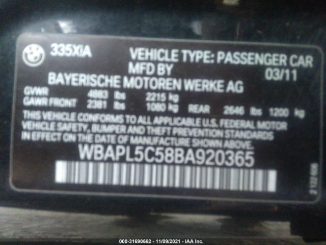 Photo 8 VIN: WBAPL5C58BA920365 - BMW 3 