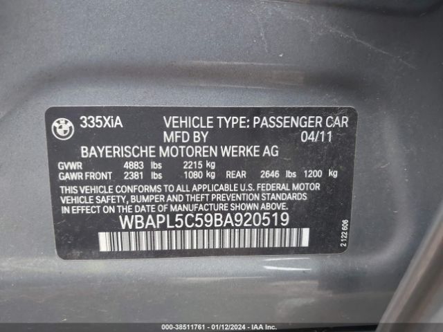 Photo 8 VIN: WBAPL5C59BA920519 - BMW 335I 