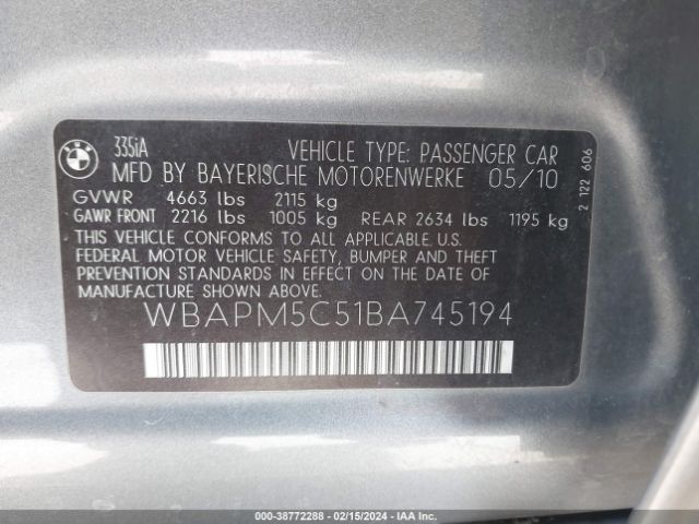 Photo 8 VIN: WBAPM5C51BA745194 - BMW 335I 