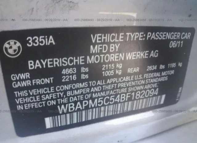 Photo 8 VIN: WBAPM5C54BF182094 - BMW 3 SERIES 