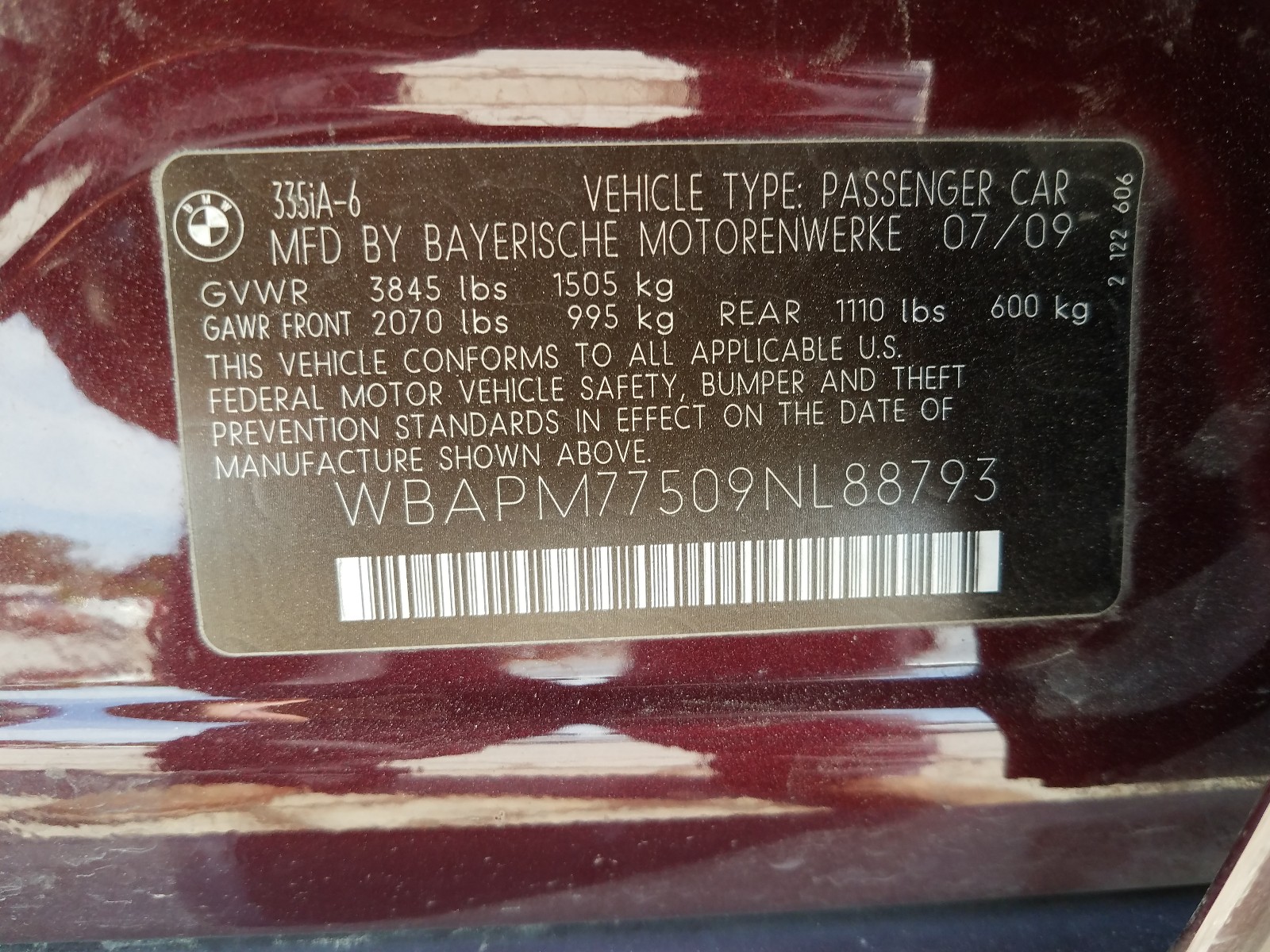 Photo 9 VIN: WBAPM77509NL88793 - BMW 335 I 