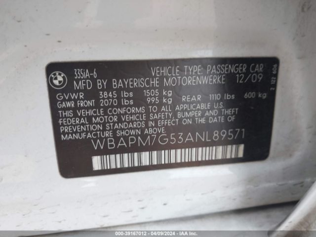 Photo 8 VIN: WBAPM7G53ANL89571 - BMW 335I 