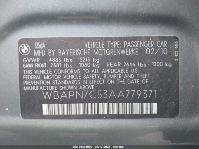 Photo 8 VIN: WBAPN7C53AA779371 - BMW 335D 