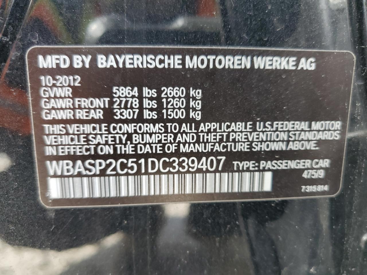 Photo 11 VIN: WBASP2C51DC339407 - BMW 5ER 