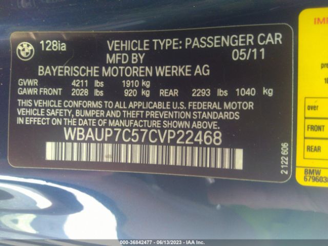 Photo 8 VIN: WBAUP7C57CVP22468 - BMW 128I 