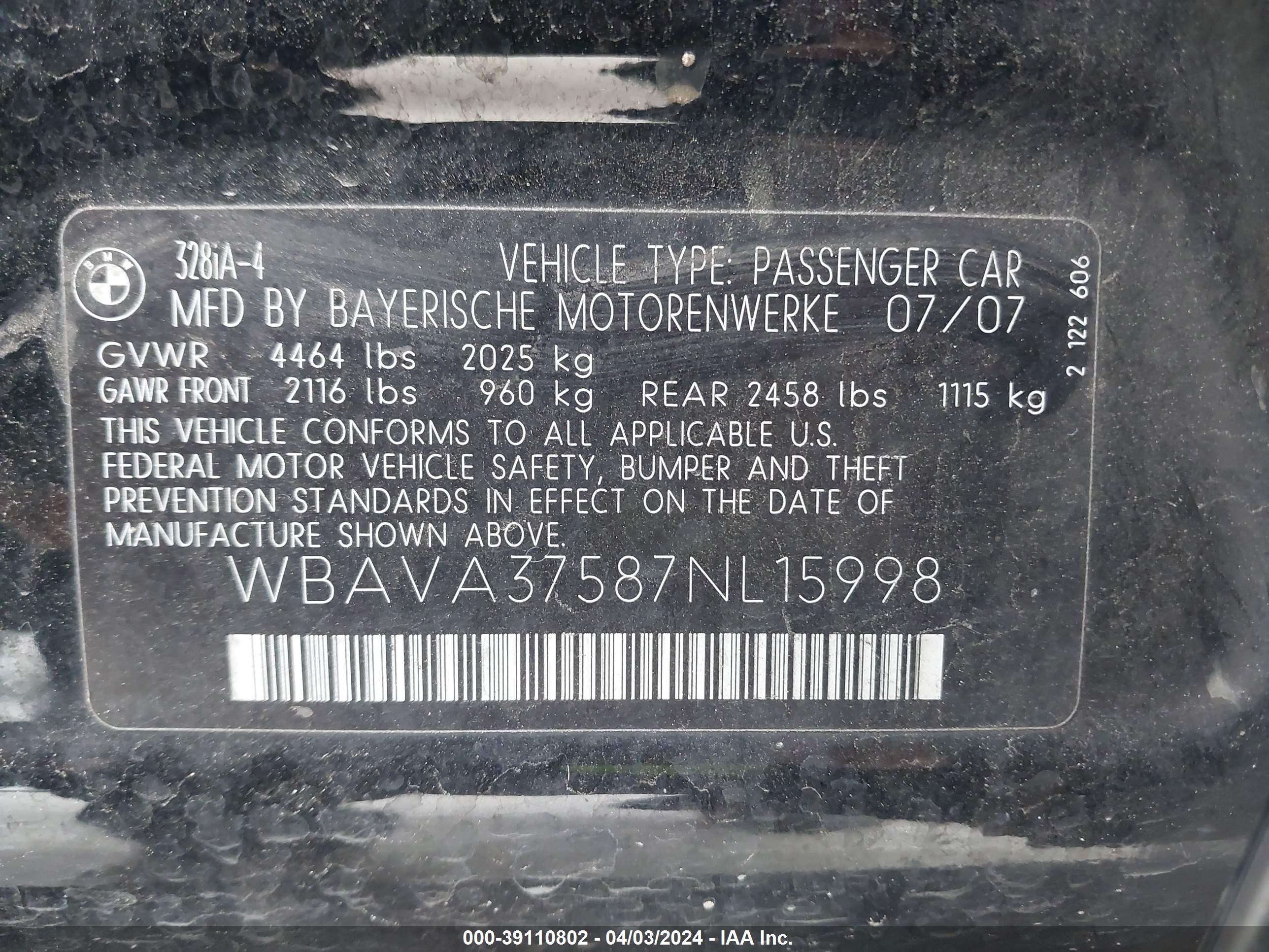 Photo 8 VIN: WBAVA37587NL15998 - BMW 3ER 