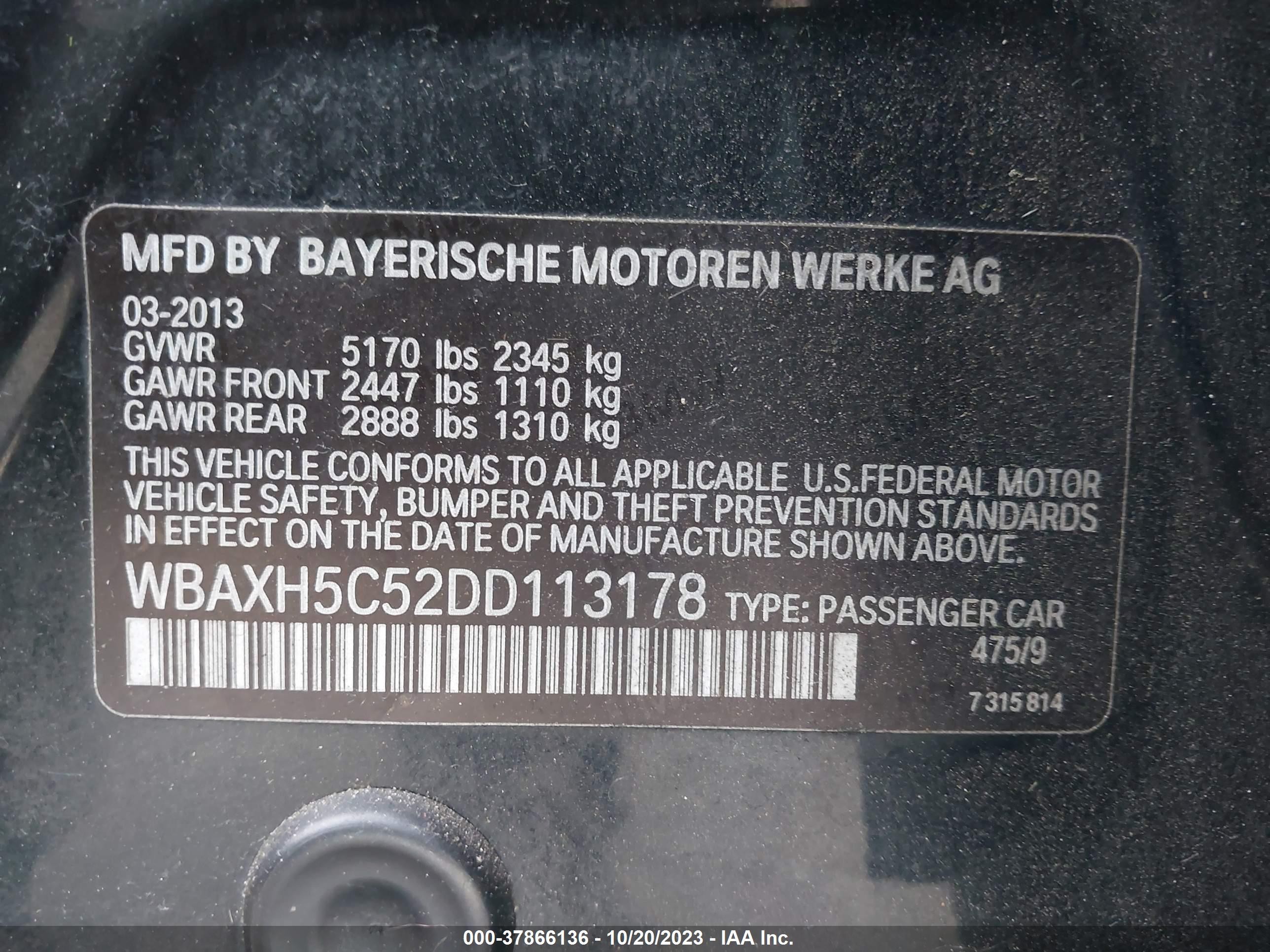 Photo 8 VIN: WBAXH5C52DD113178 - BMW 5 SERIES 