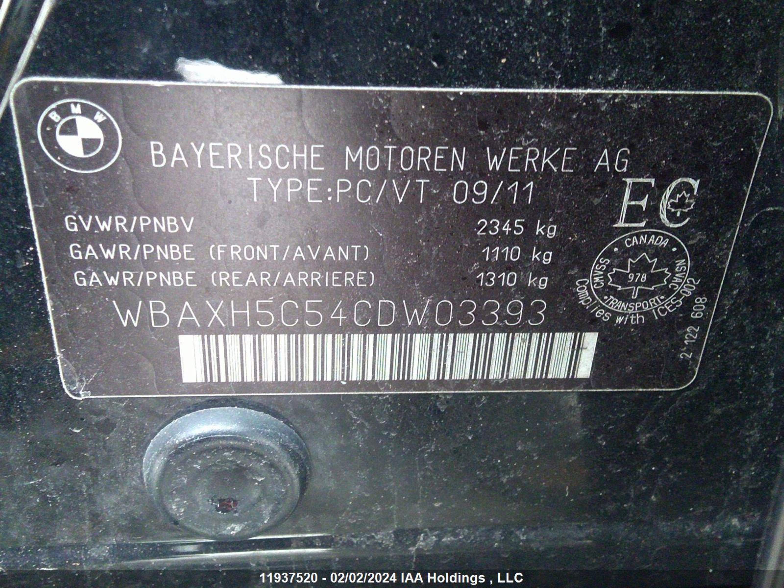 Photo 8 VIN: WBAXH5C54CDW03393 - BMW 5ER 