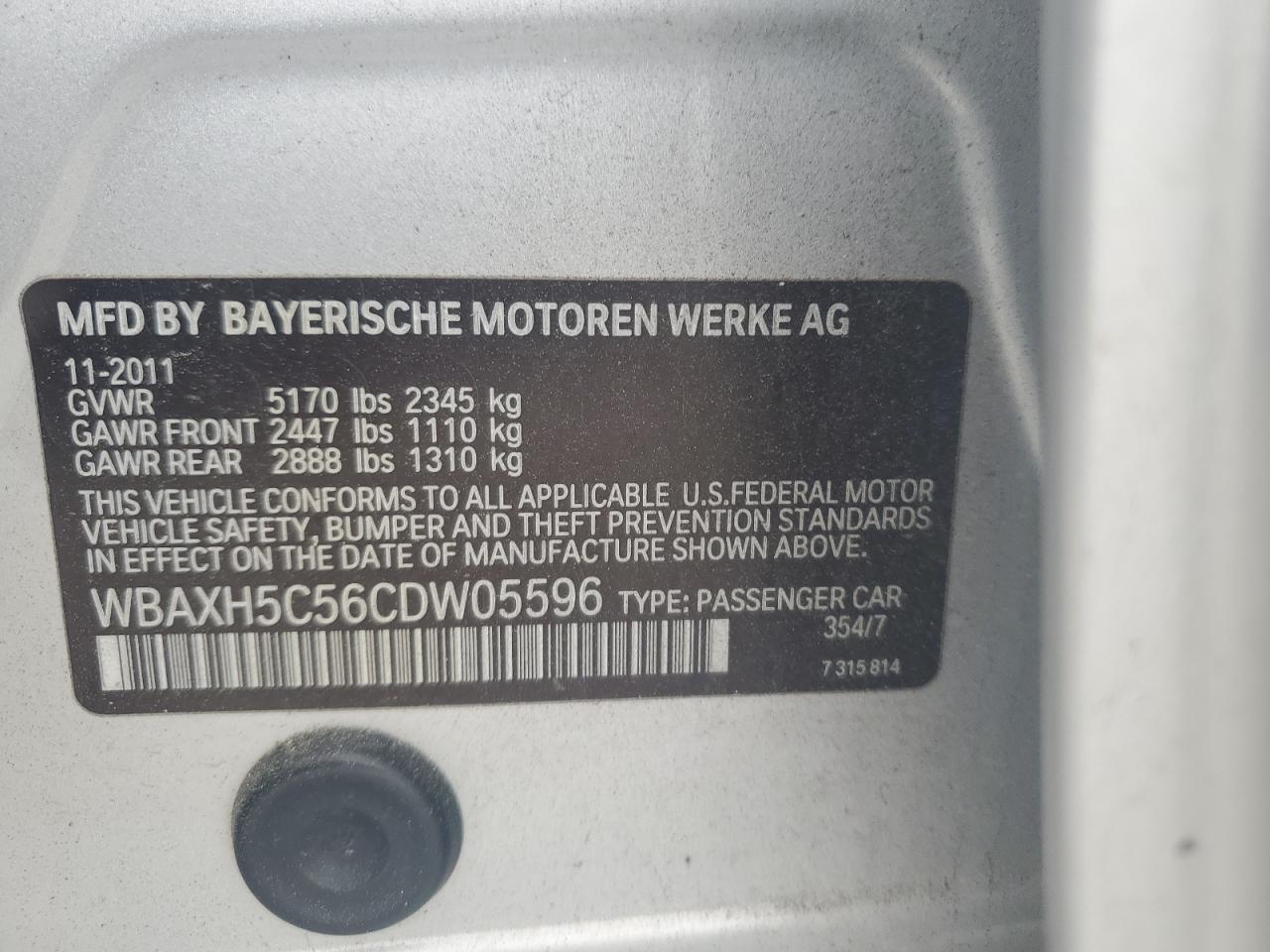 Photo 12 VIN: WBAXH5C56CDW05596 - BMW 5ER 