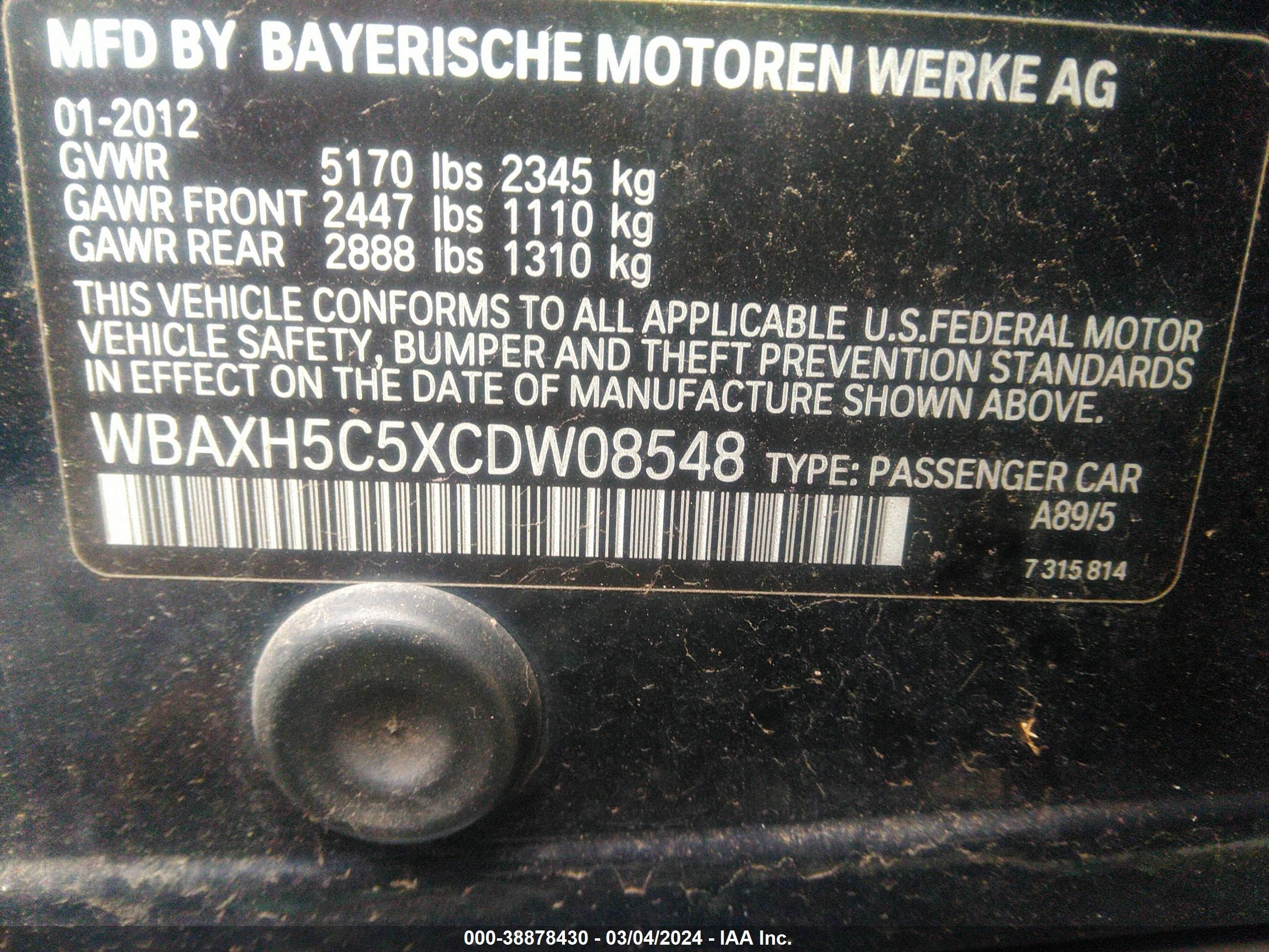 Photo 7 VIN: WBAXH5C5XCDW08548 - BMW 528I 