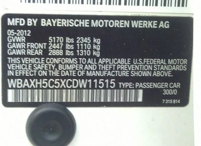 Photo 8 VIN: WBAXH5C5XCDW11515 - BMW 5 SERIES 