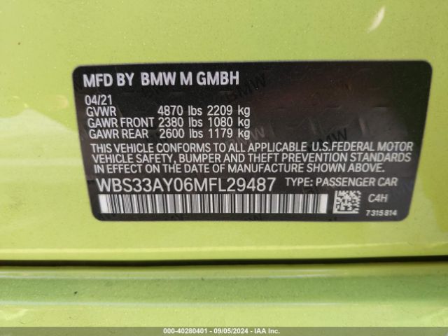 Photo 8 VIN: WBS33AY06MFL29487 - BMW M3 