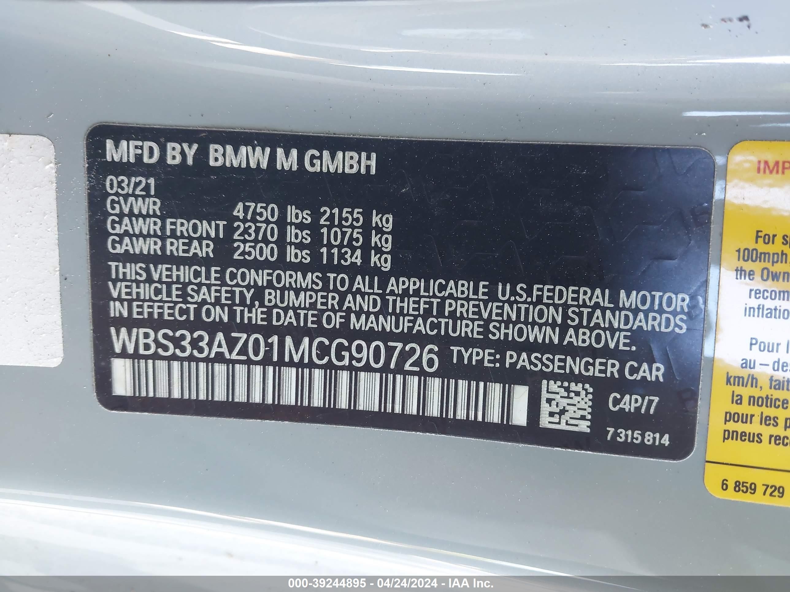 Photo 8 VIN: WBS33AZ01MCG90726 - BMW M4 