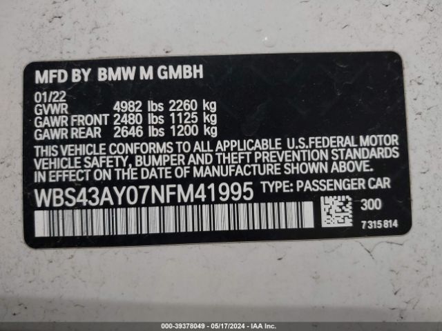 Photo 8 VIN: WBS43AY07NFM41995 - BMW M3 