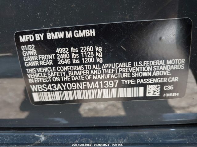 Photo 8 VIN: WBS43AY09NFM41397 - BMW M3 