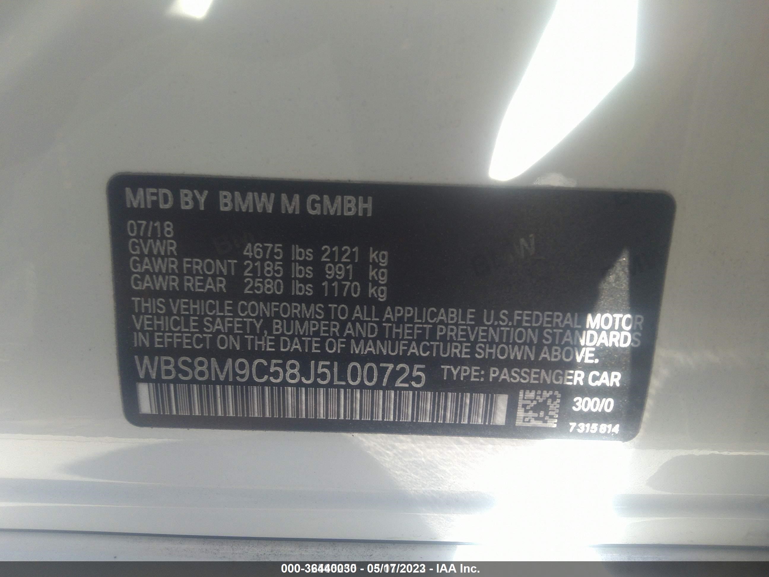 Photo 8 VIN: WBS8M9C58J5L00725 - BMW M3 