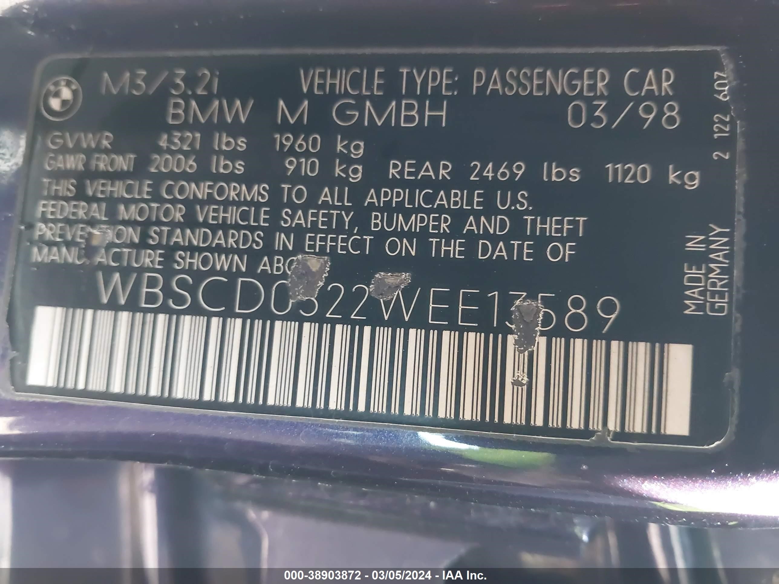 Photo 8 VIN: WBSCD0322WEE13589 - BMW M3 