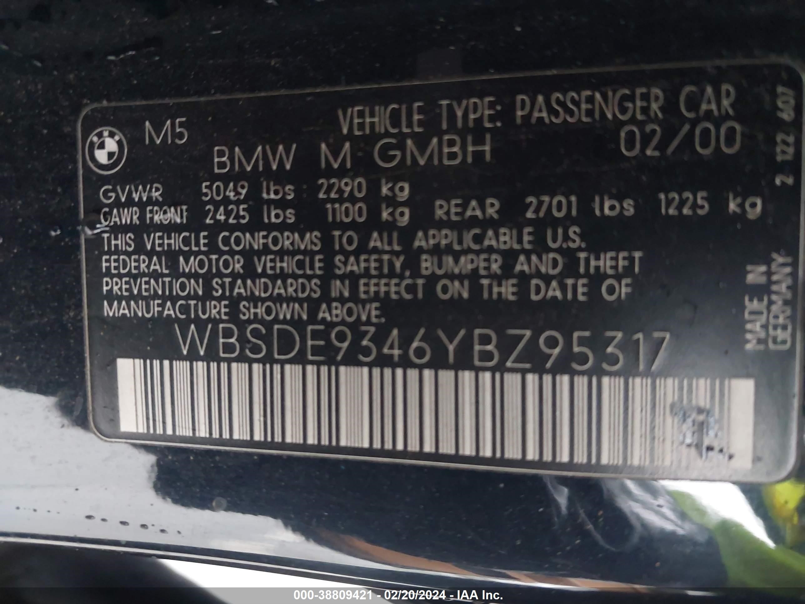 Photo 8 VIN: WBSDE9346YBZ95317 - BMW M5 