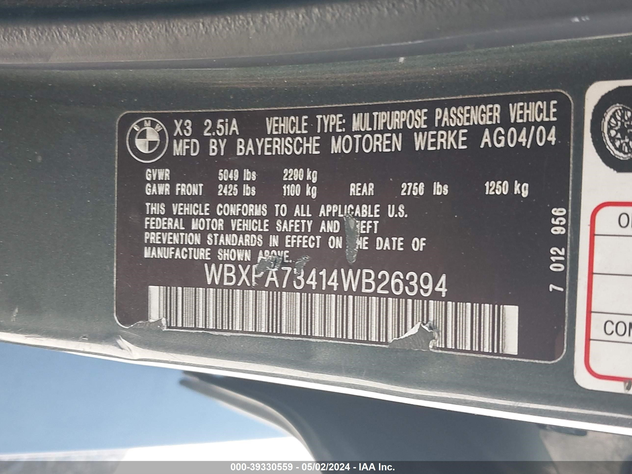 Photo 8 VIN: WBXPA73414WB26394 - BMW X3 