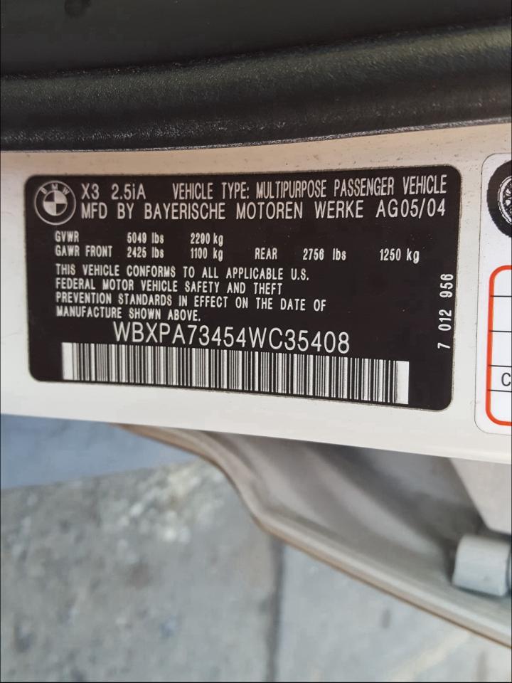 Photo 9 VIN: WBXPA73454WC35408 - BMW X3 2.5I 