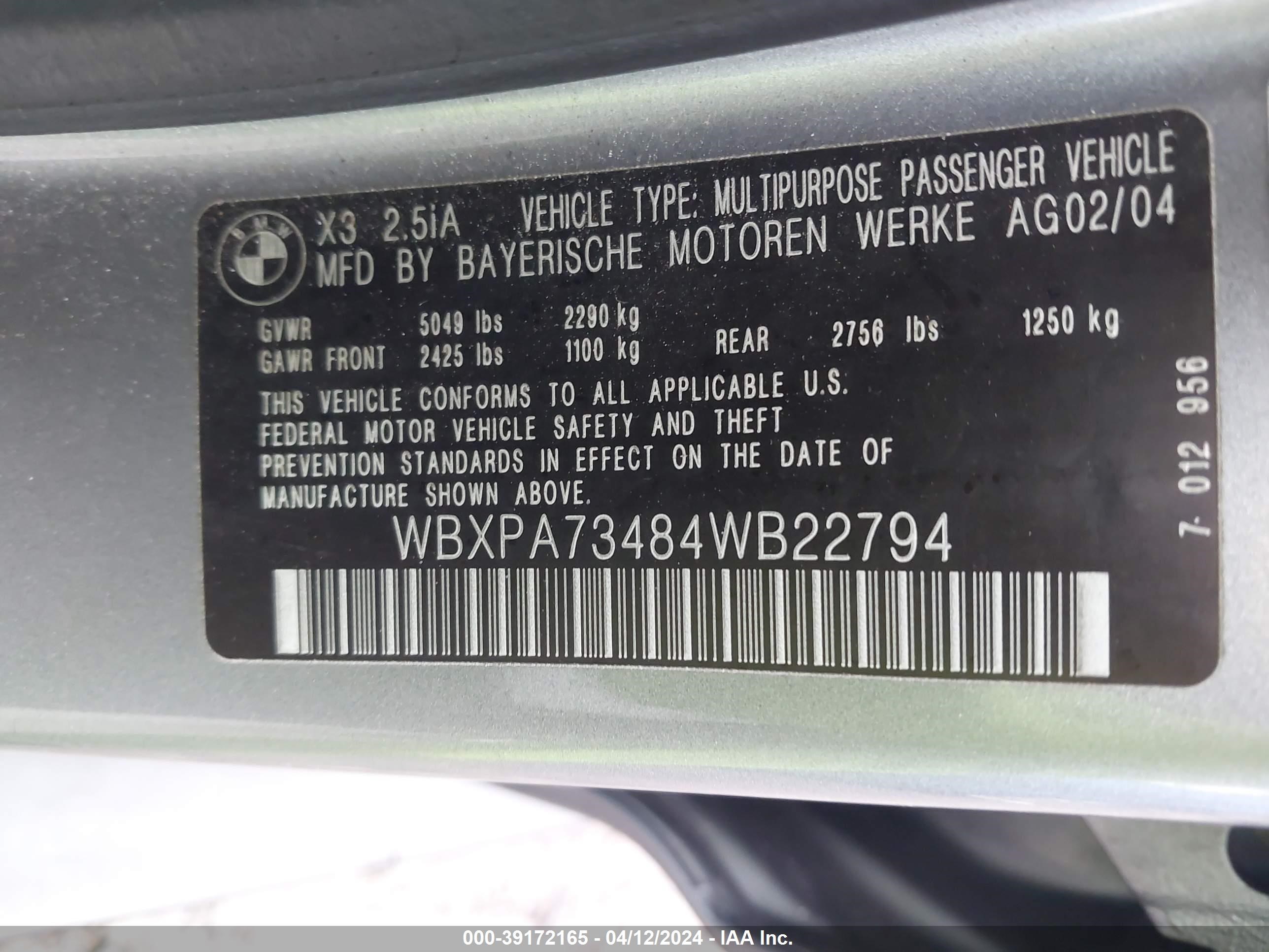 Photo 8 VIN: WBXPA73484WB22794 - BMW X3 